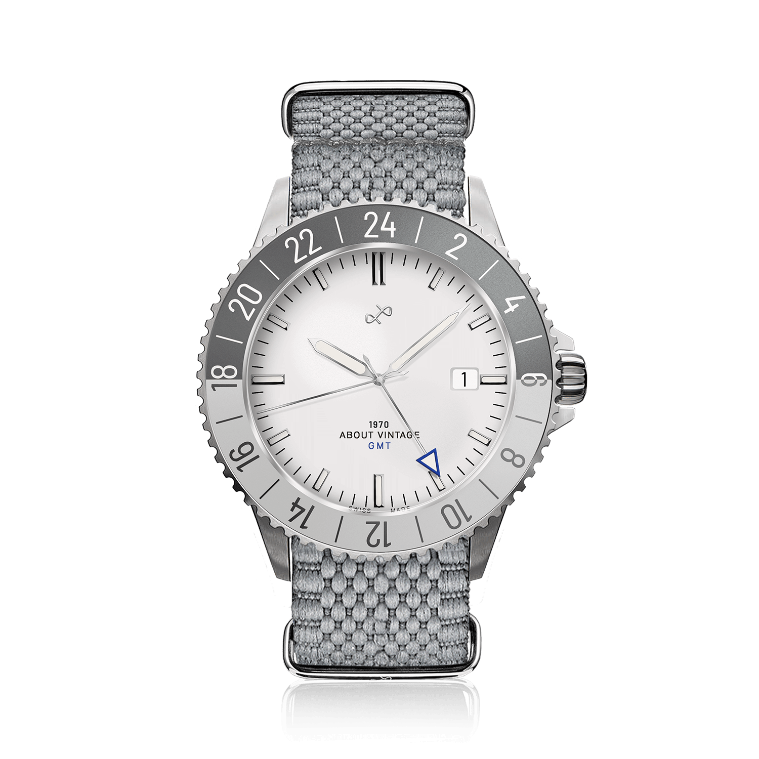 1970 Glacier GMT Automatic, Swiss Made by AV86 with vintage-inspired dial, sapphire crystal, GMT bezel, and woven fabric strap