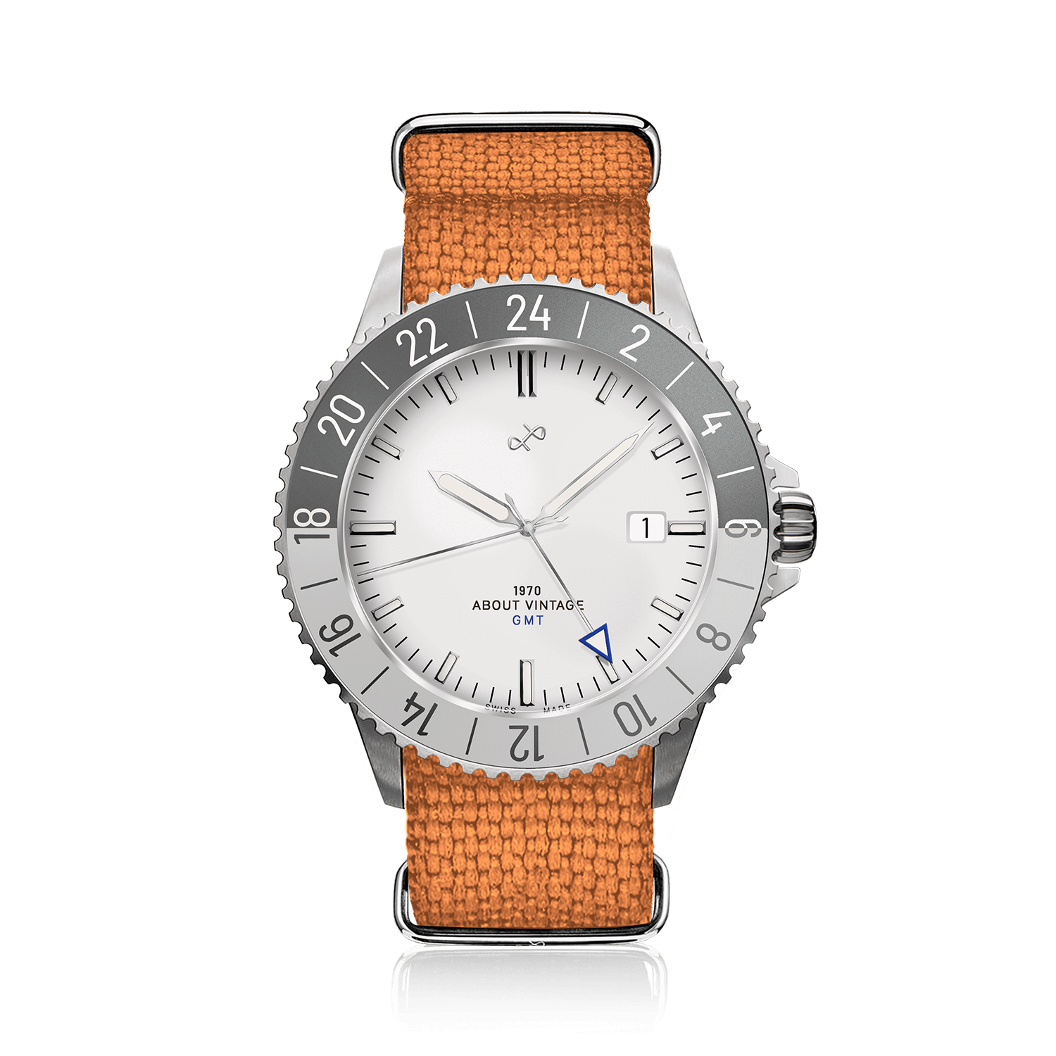 1970 Glacier GMT Automatic by AV86 featuring vintage-inspired dial, GMT bezel, sapphire crystal, and textured orange fabric strap