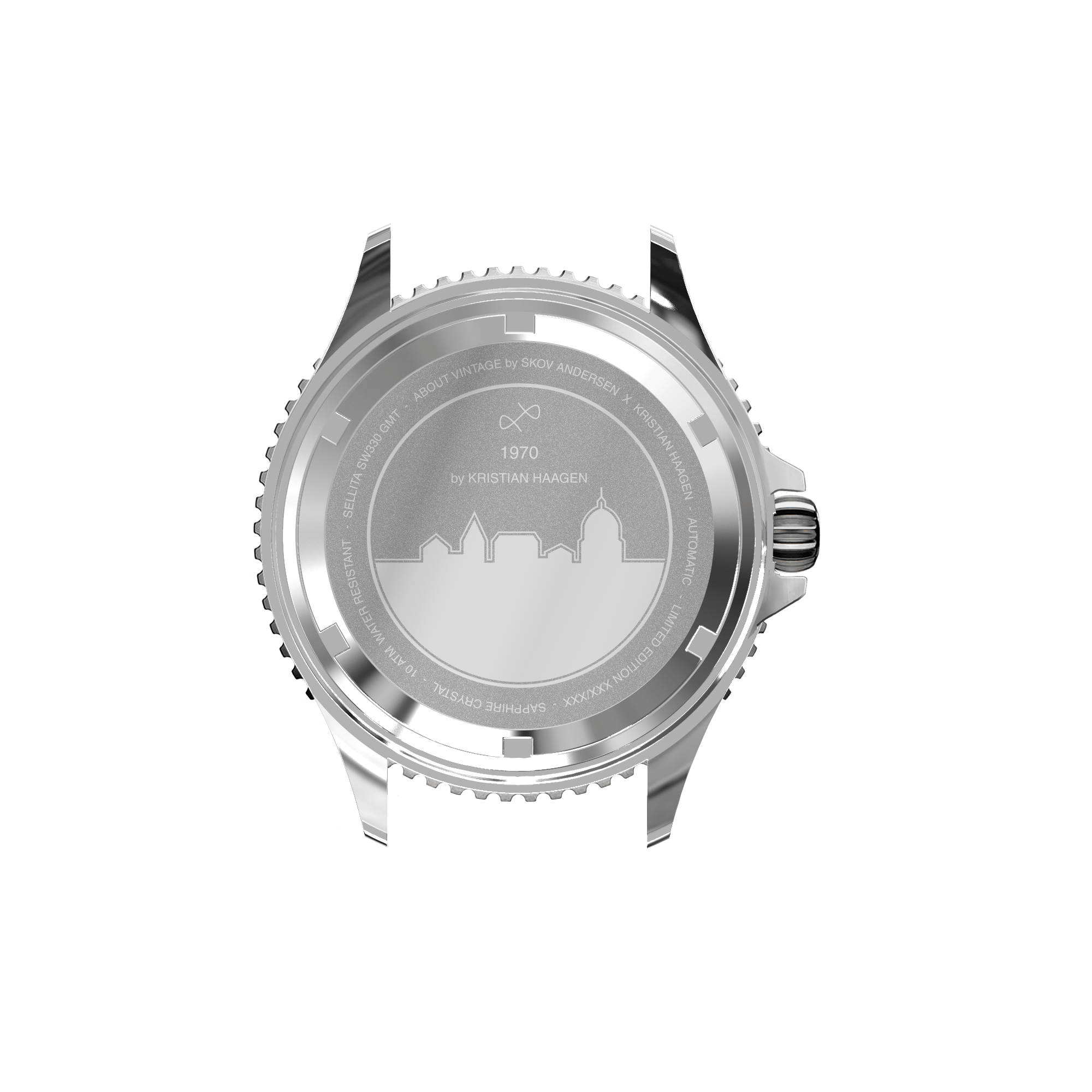 1970 Glacier GMT Automatic by AV86 showcasing engraved steel case back with sapphire crystal and detailed craftsmanship