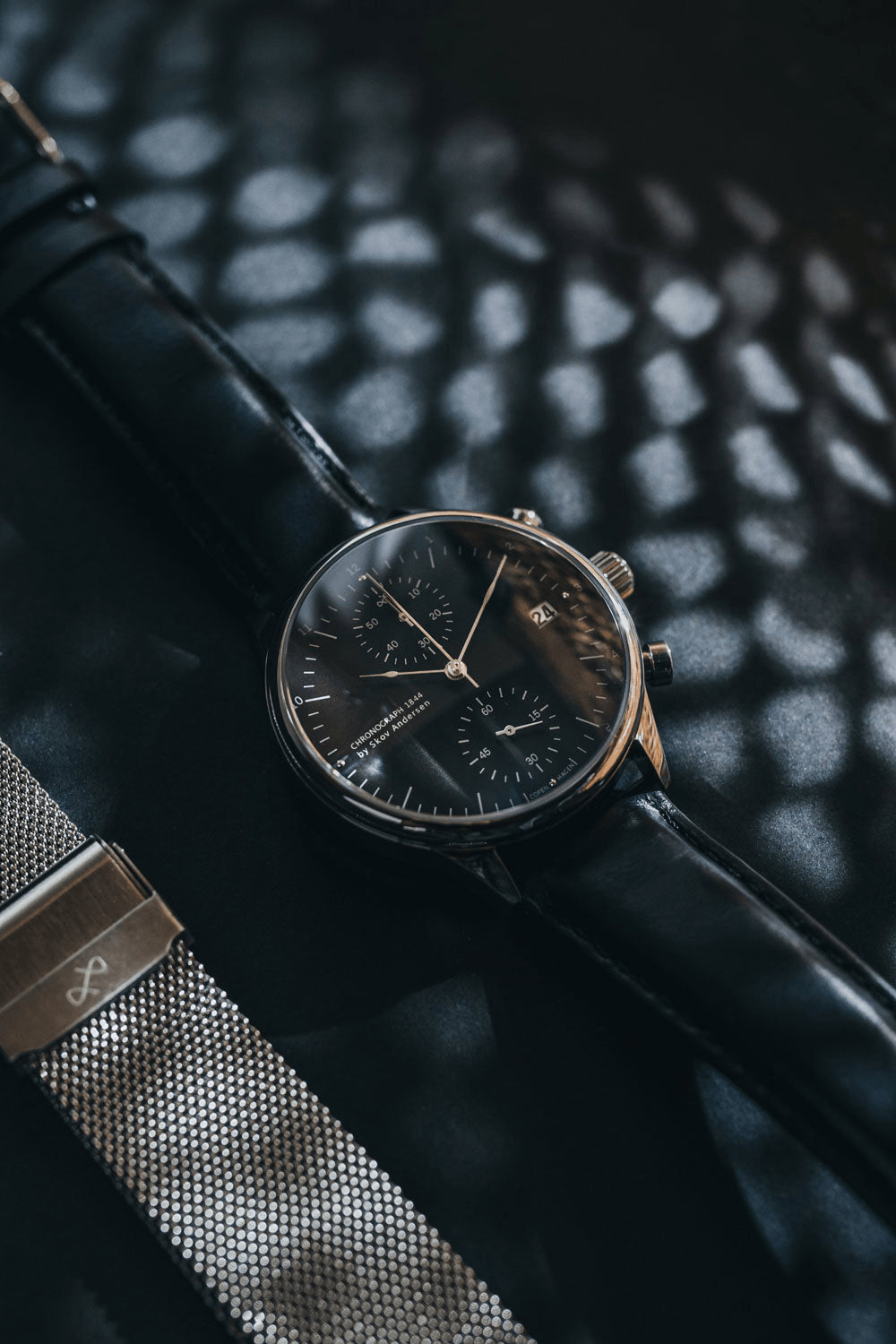 1844 Chronograph by AV86 luxury timepiece with sapphire crystal, chronograph dial, date display, and black leather strap