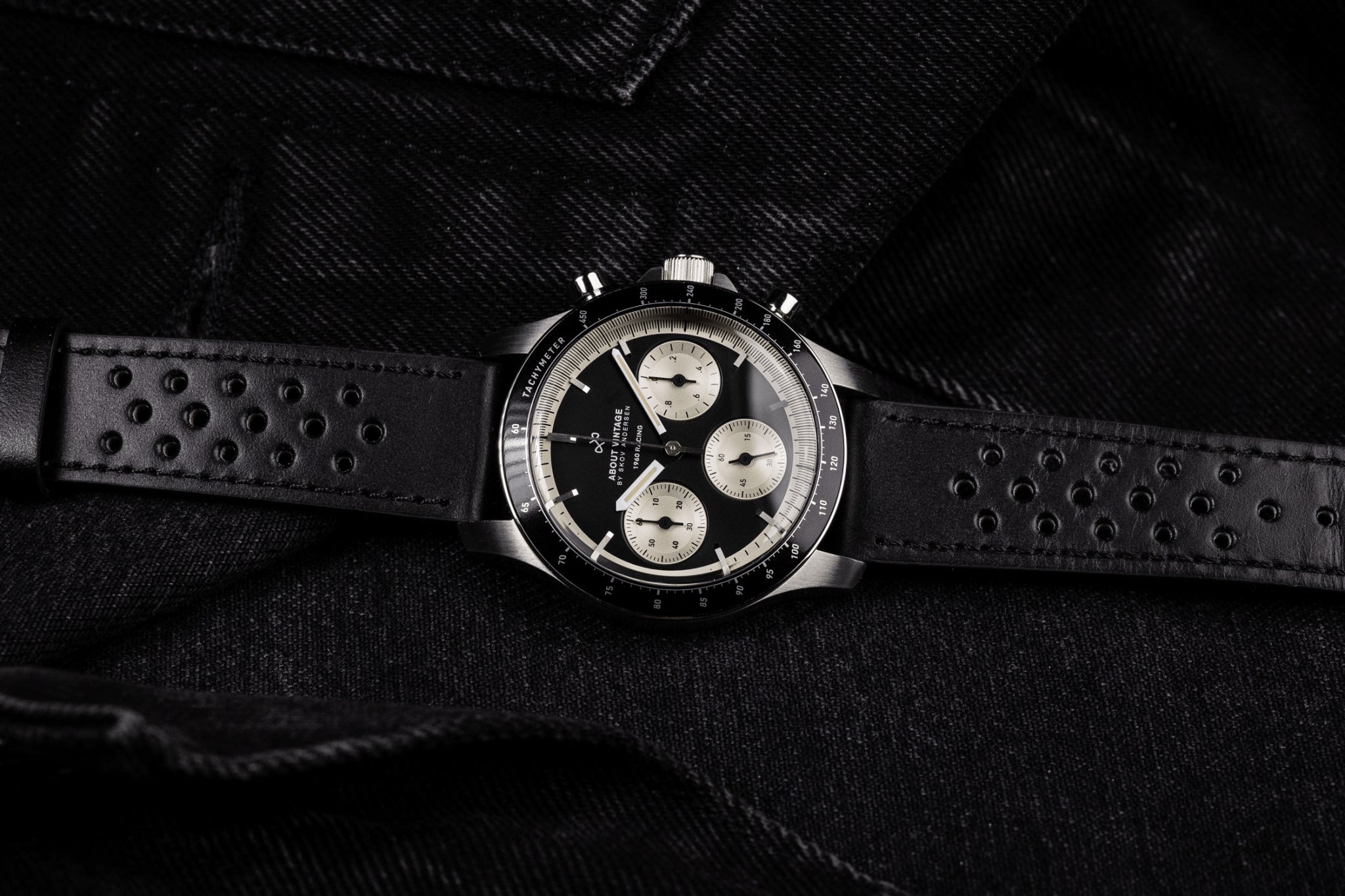 1960 Racing Chronograph by AV86 vintage-inspired luxury chronograph with sapphire crystal and perforated black leather strap
