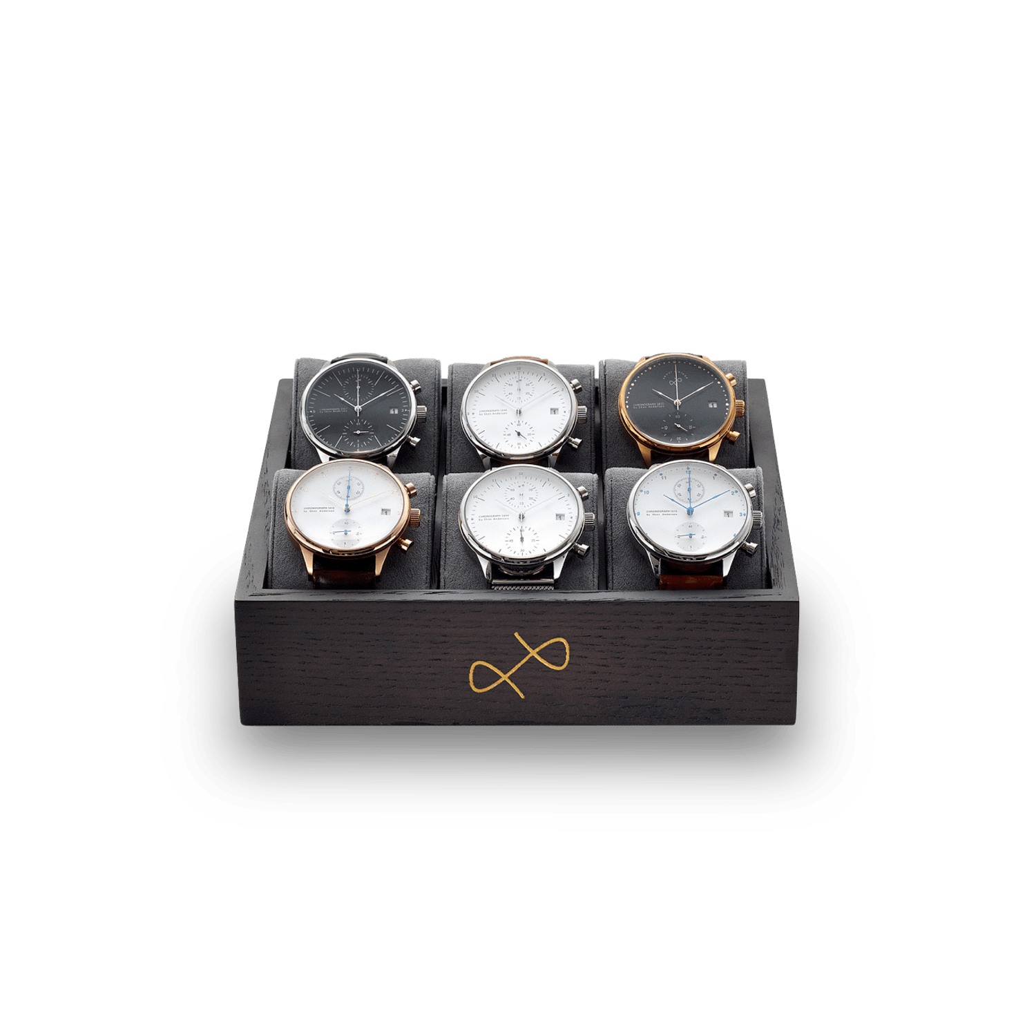 Collectors box - 6 pcs by AV86 in dark smoked oak with brass logo and six grey suede pillows for luxury watch display and storage