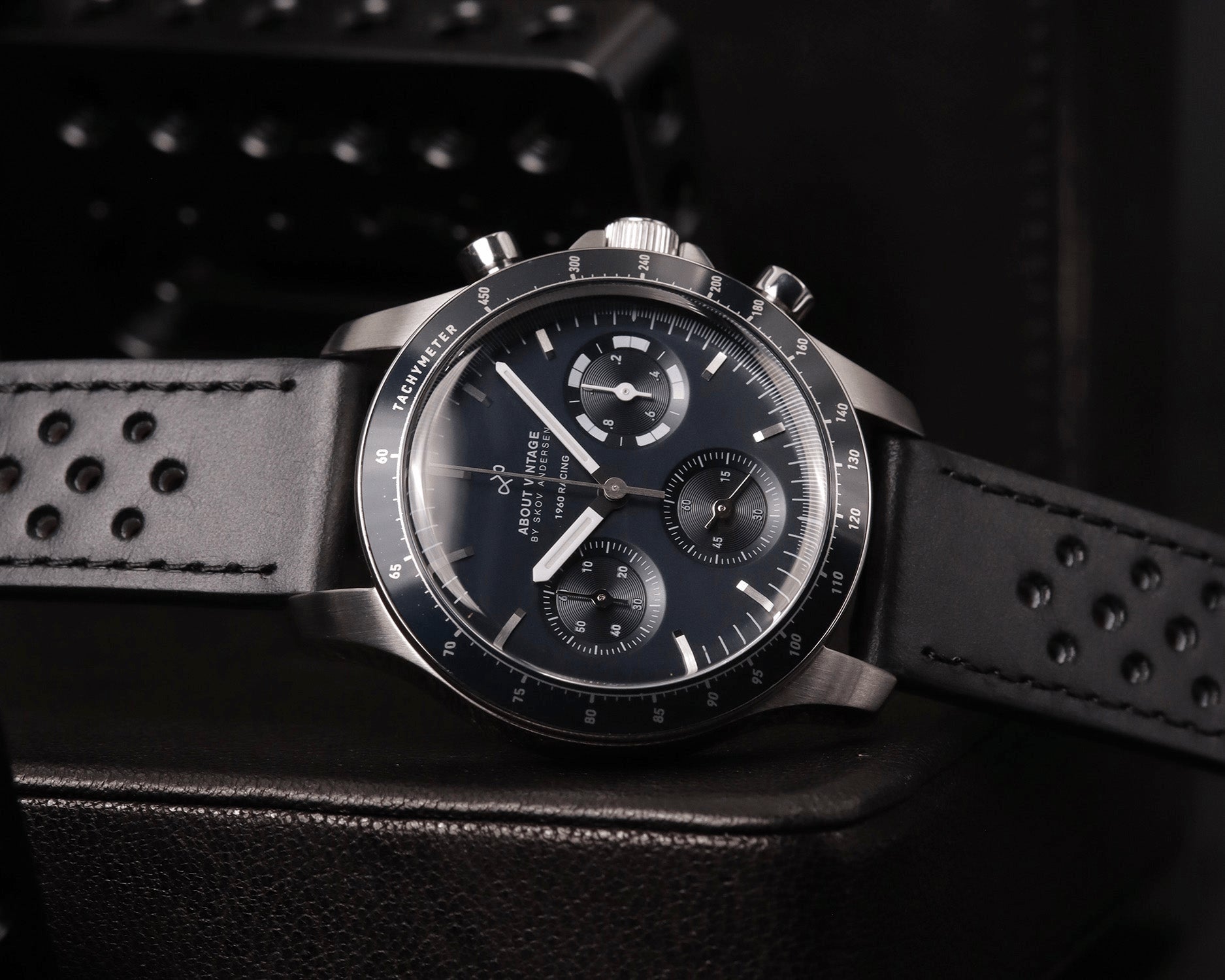1960 Racing Chronograph by AV86 vintage-inspired chronograph with tachymeter bezel, sapphire crystal, and perforated leather strap