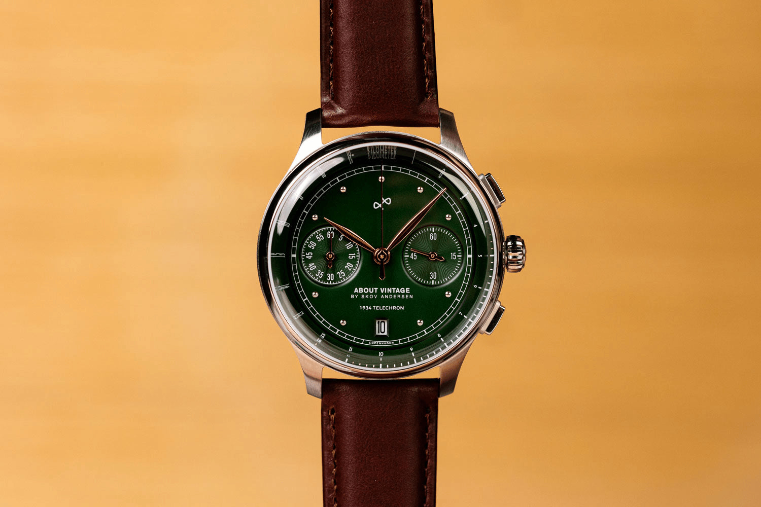 1934 Telechron by AV86 vintage-inspired chronograph with telemeter, sapphire crystal, steel case, and brown leather strap