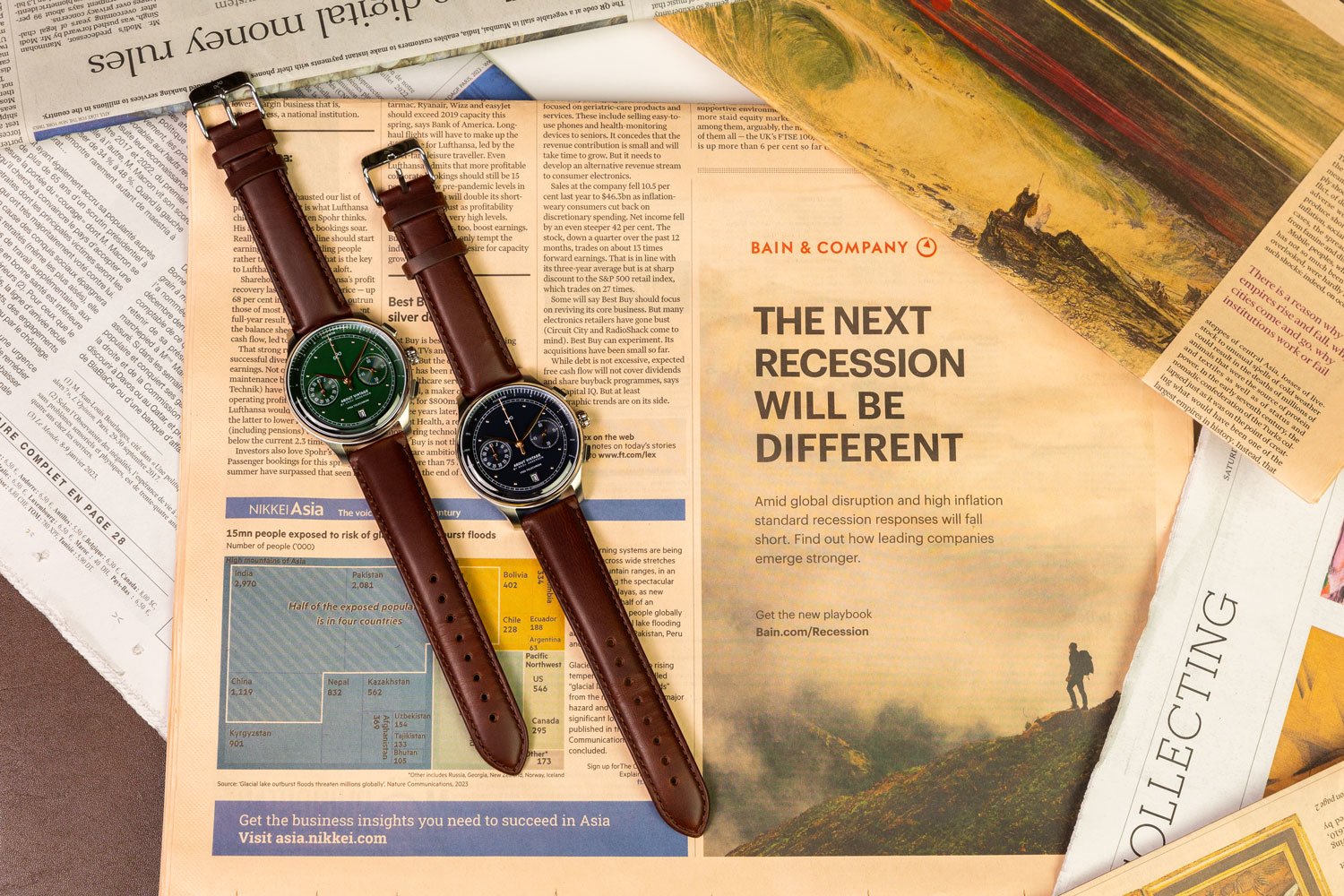 1934 Telechron by AV86 vintage-inspired chronograph with telemeter, sapphire crystal, and brown leather strap on newspaper background