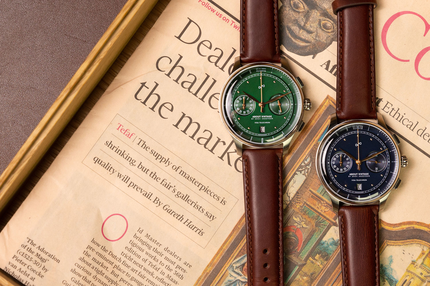1934 Telechron by AV86 vintage-inspired chronograph with telemeter, sapphire crystal, and brown leather strap