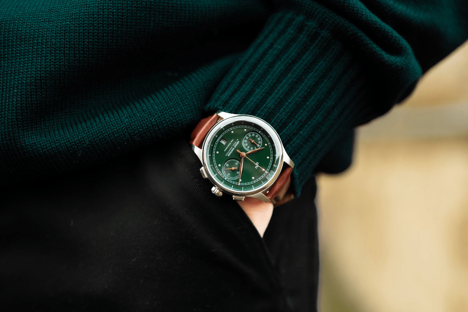 1934 Telechron by AV86 vintage-inspired chronograph with telemeter, sapphire crystal, and brown leather strap on wrist