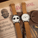 1934 Telechron by AV86 vintage-inspired chronograph with telemeter, sapphire crystal, and tan leather strap on wooden table