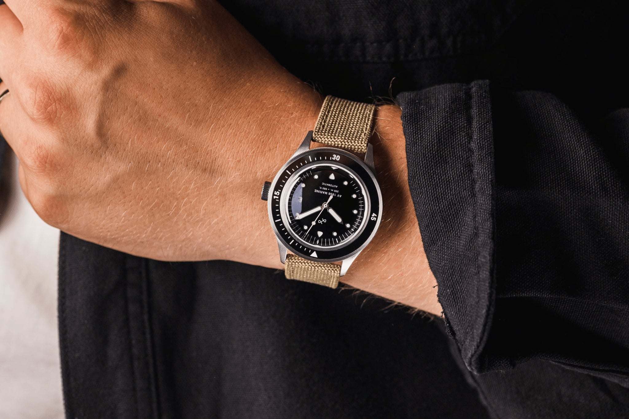 1956 Marine Automatic by AV86 vintage-inspired diver with sapphire crystal, compass bezel, and textured fabric strap
