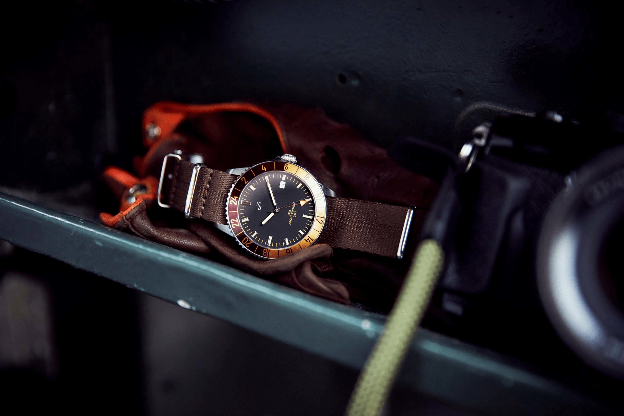 1970 Haagen GMT Automatic, Burgundy - Swiss Made by AV86 vintage-inspired GMT with sapphire crystal, automatic Sellita movement, and fabric strap