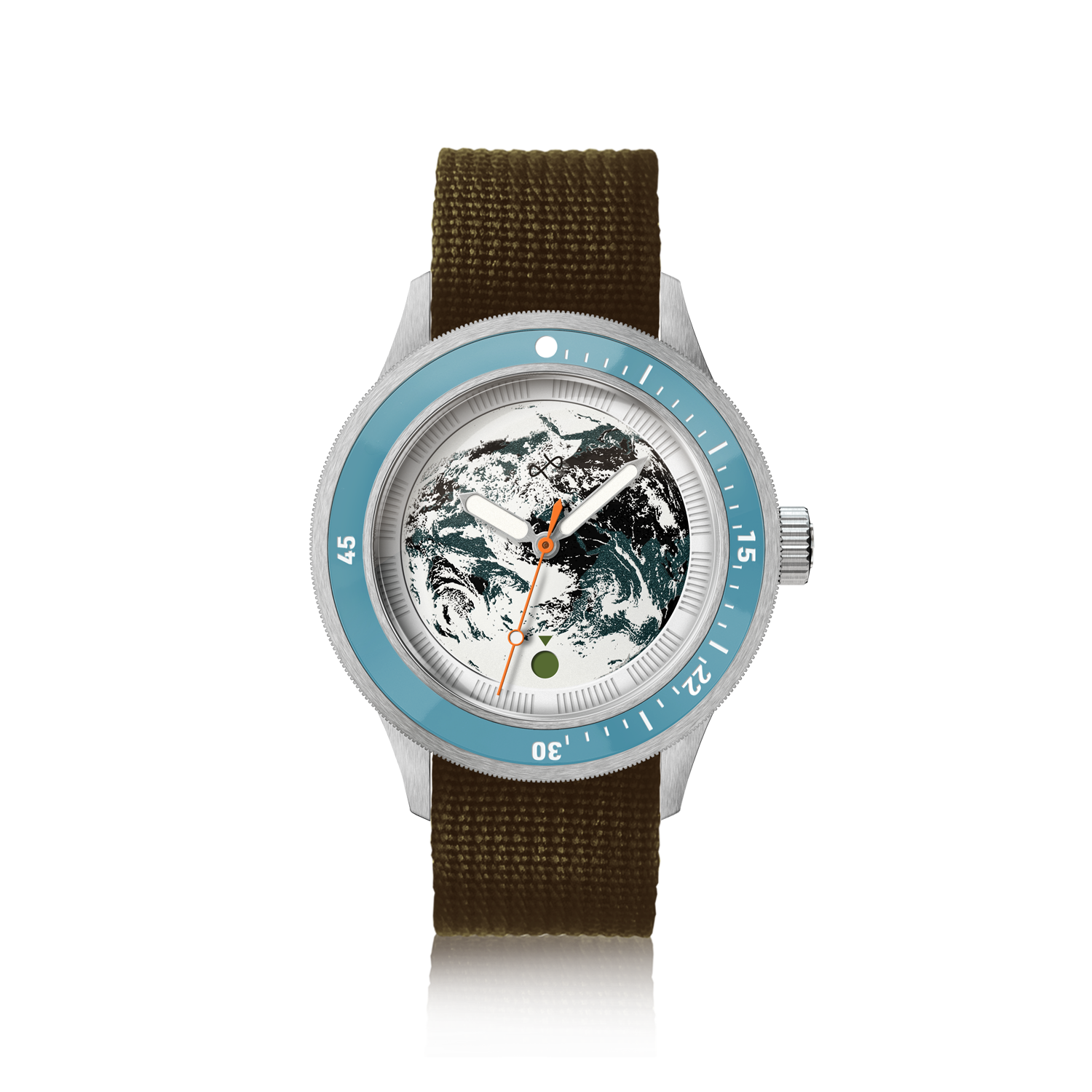 Earthrise WWF Partnership, Automatic / 2026 Edition by AV86 with blue bezel, detailed earth dial, and durable recycled army green strap.