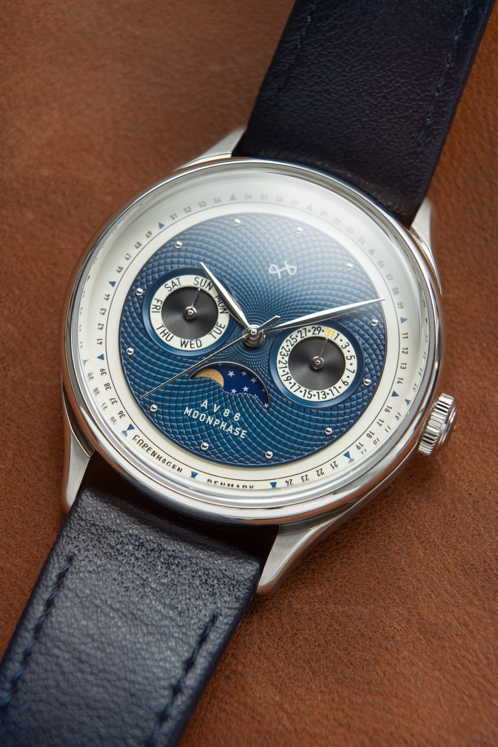 1968 Moonphase by AV86 with vintage-inspired dial, moonphase complication, sapphire crystal, and dark leather strap