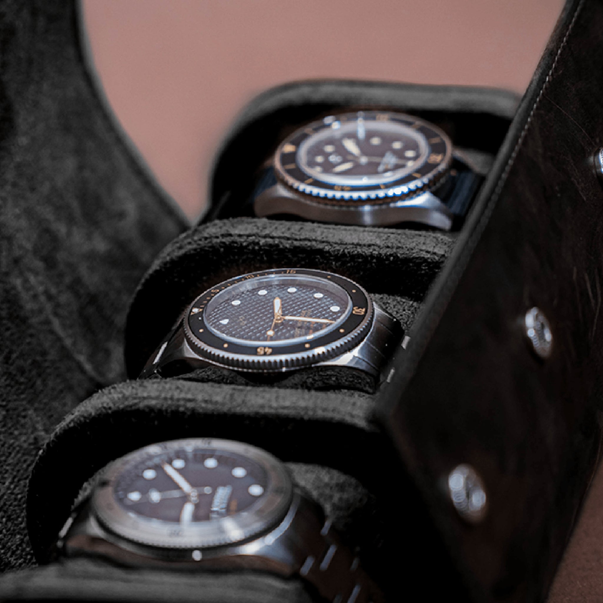 Watch Roll - Black by AV86 crafted in premium full grain leather, designed for secure storage and travel of three luxury timepieces