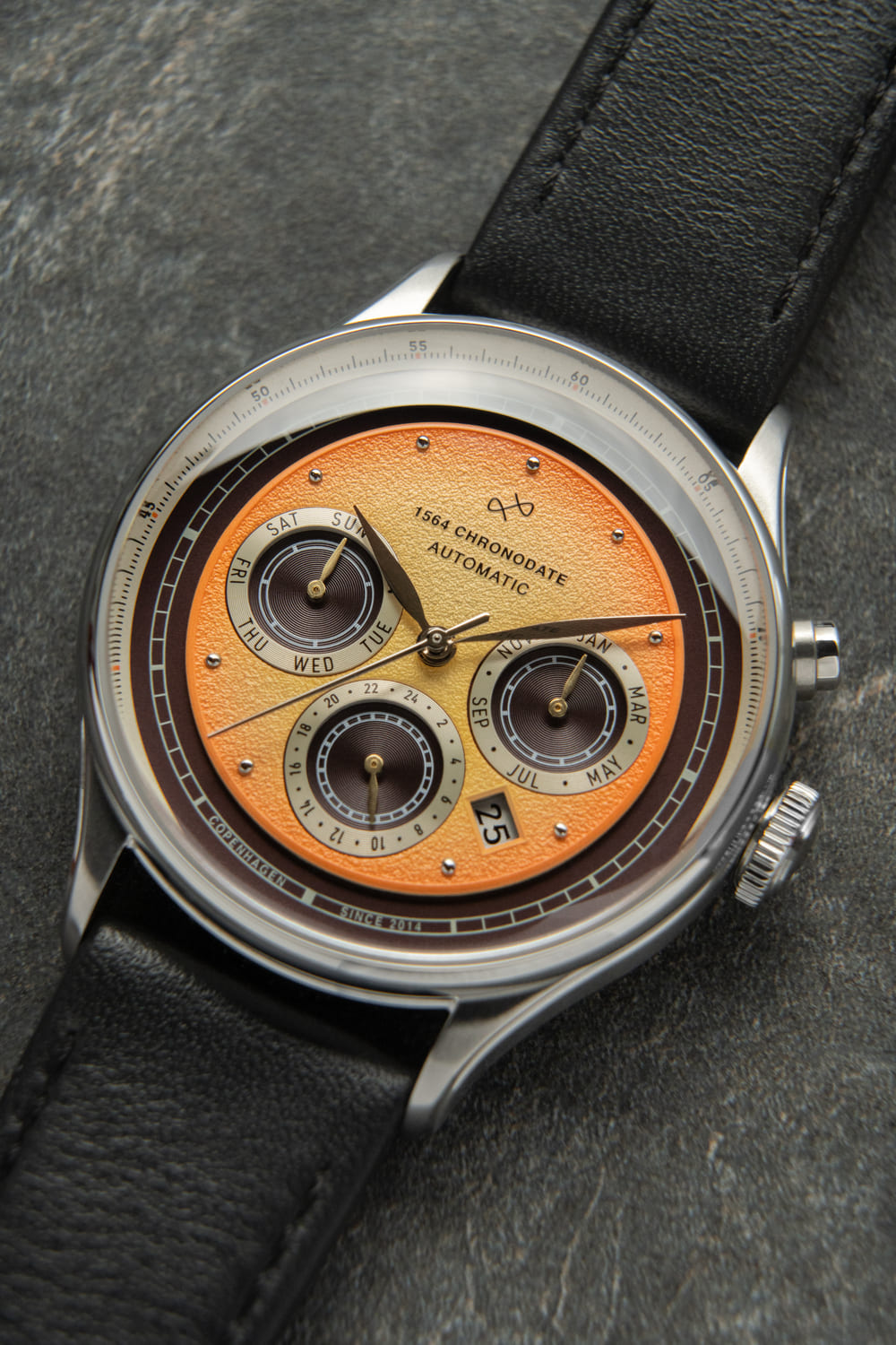 1564 Chronodate Automatic by AV86 vintage-inspired watch with chronograph subdials, sapphire crystal, and black leather strap