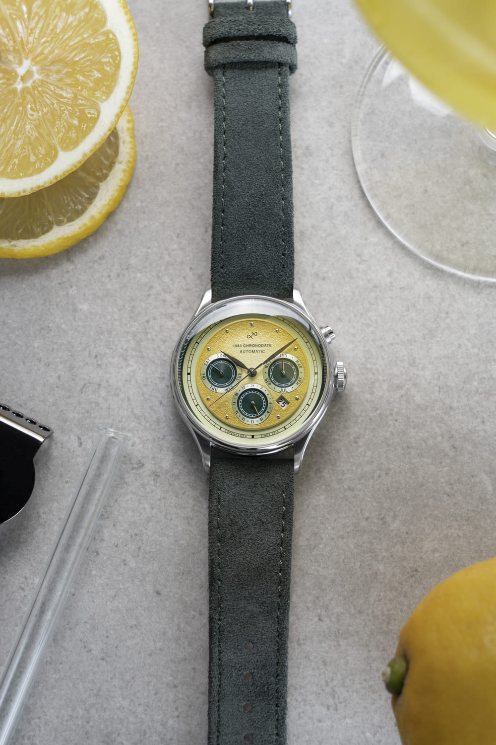 1564 Chronodate Automatic by AV86 luxury chronograph with vintage-inspired dial, sapphire crystal, and soft leather strap