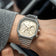 1904 Chronograph by AV86 with angular case, sapphire crystal, chronograph dial, and brushed metal bracelet strap on wrist