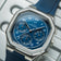 1904 Chronograph by AV86 with defined angular case, sapphire crystal, blue dial, chronograph subdials, and textured rubber strap
