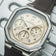 1904 Chronograph by AV86 with hexagonal angular case, sapphire crystal, vintage dial, chronograph subdials, and rubber strap