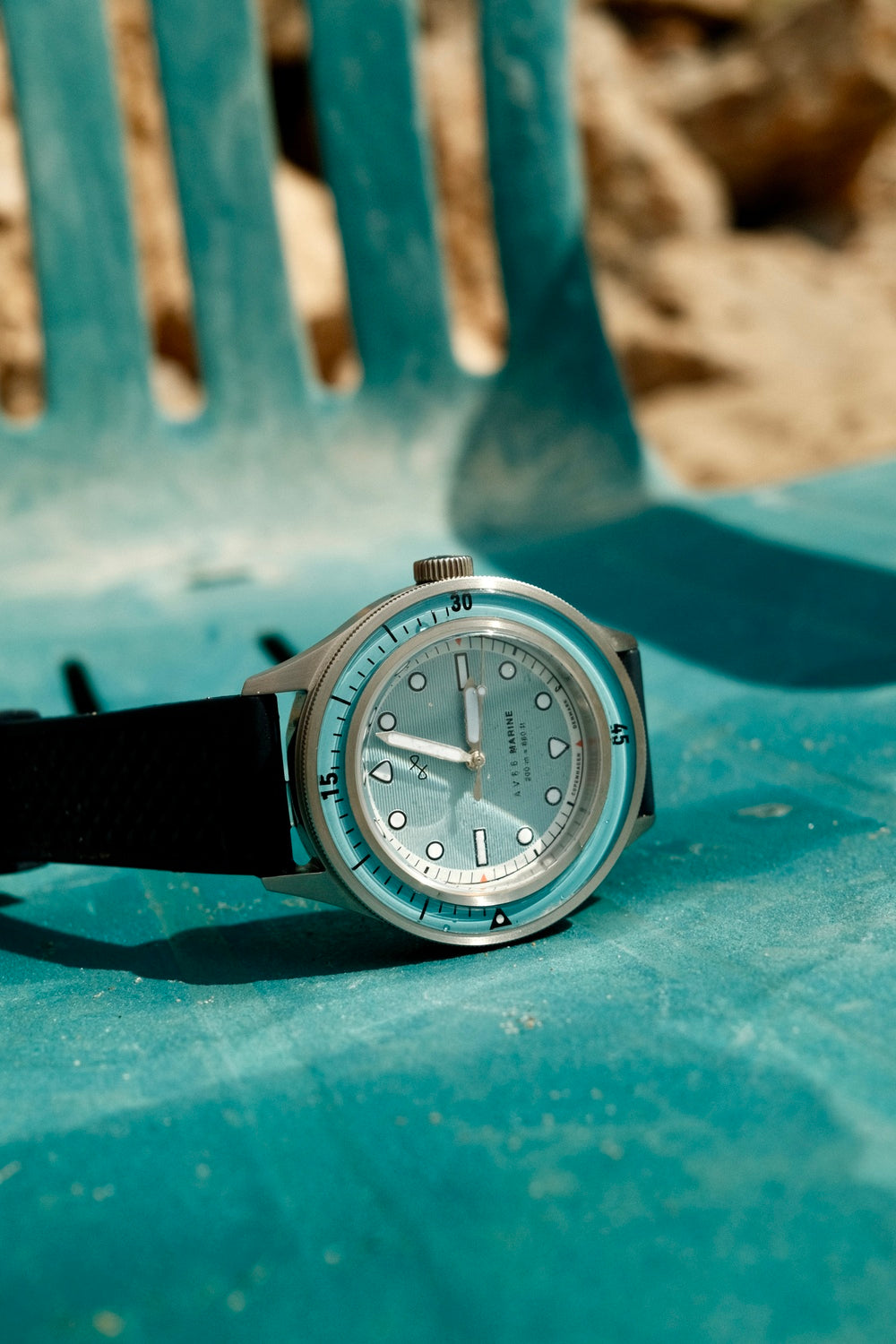 1956 Marine by AV86 vintage-inspired diver with sapphire crystal, rotating bezel, and black textured rubber strap