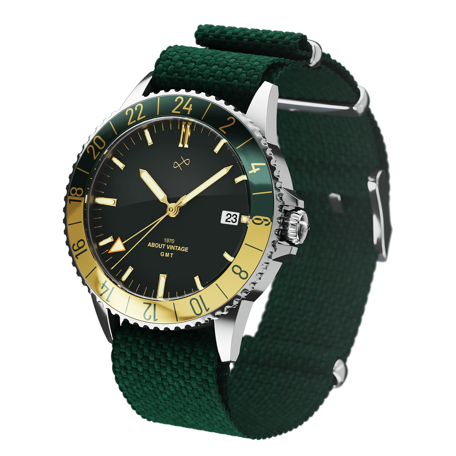1970 Haagen GMT Automatic Swiss Made by AV86 with vintage-inspired GMT dial, sapphire crystal, and green fabric strap