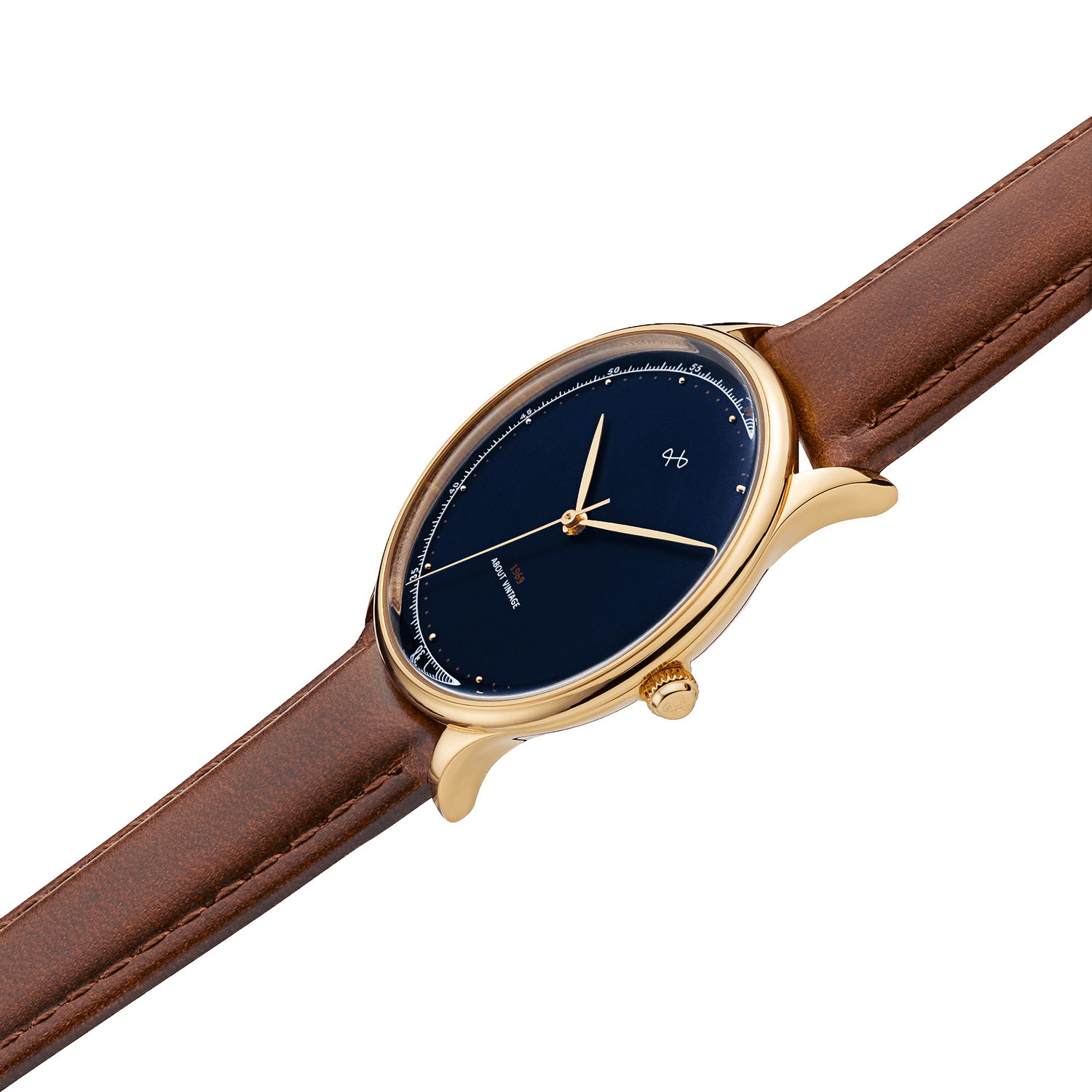 1969 Vintage, Gold / Midnight Blue - Special Edition – 39mm by AV86 with minimalist dial, sapphire crystal, and brown leather strap