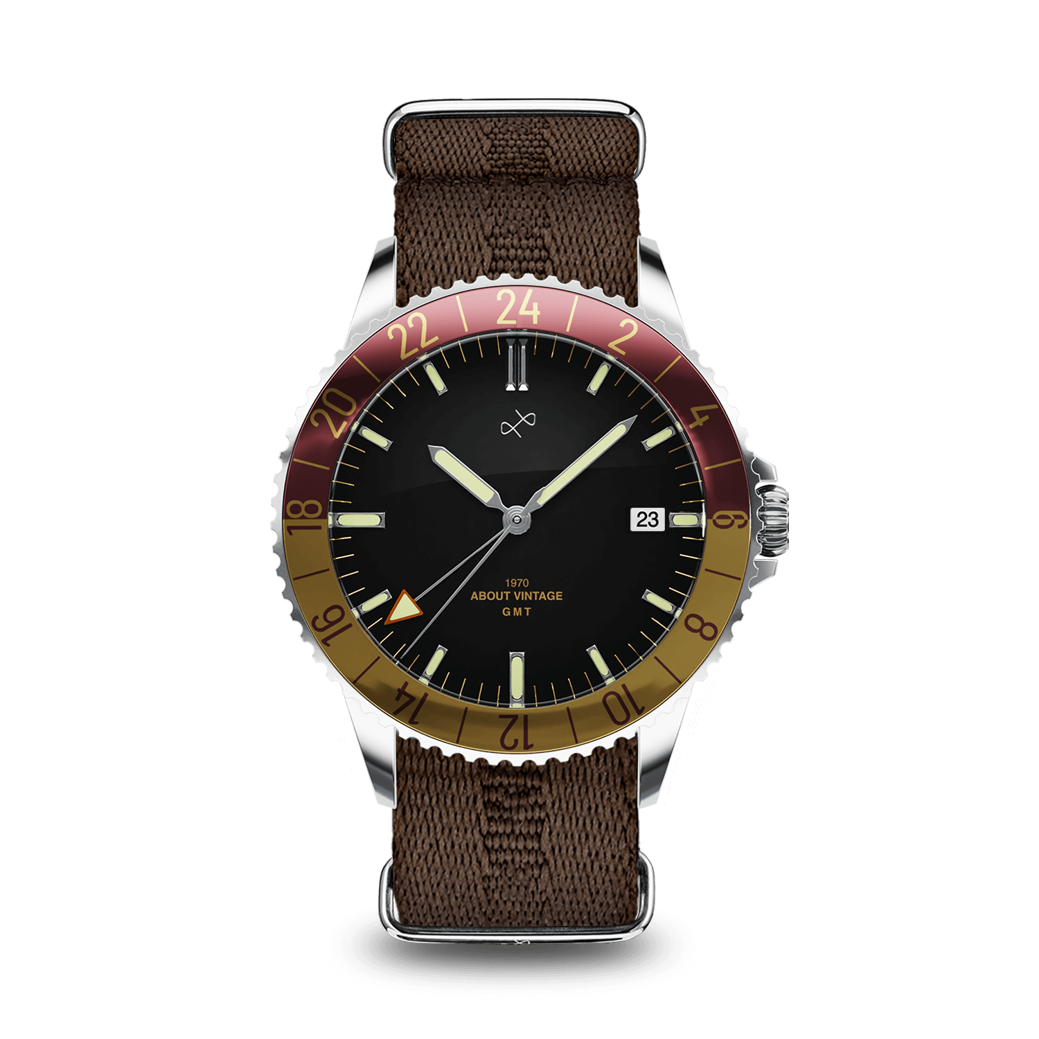 1970 Haagen GMT Automatic, burgundy-gold bezel, Swiss Sellita movement, date display, GMT function, brown fabric strap by AV86