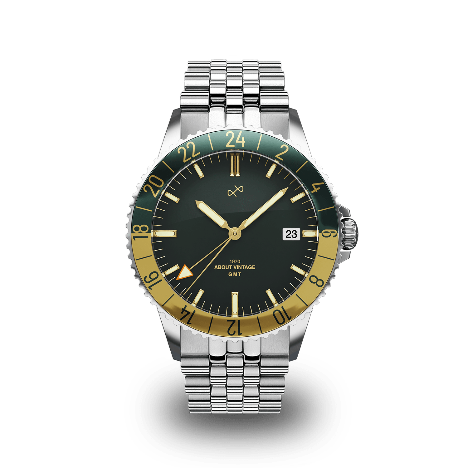 1970 Haagen GMT Automatic by AV86 luxury GMT watch with sapphire crystal, vintage-inspired dial, 24-hour bezel, and metal bracelet strap