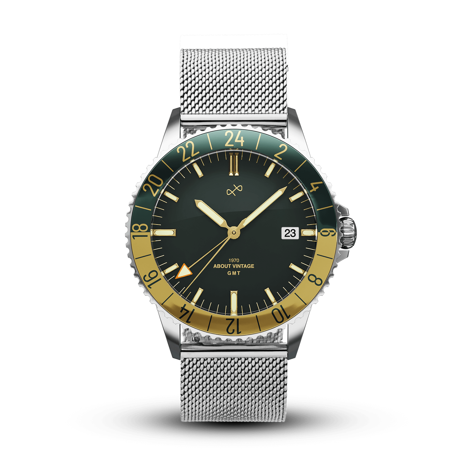 1970 Haagen GMT Automatic Swiss Made by AV86 vintage-inspired GMT watch with sapphire crystal and stainless steel mesh strap