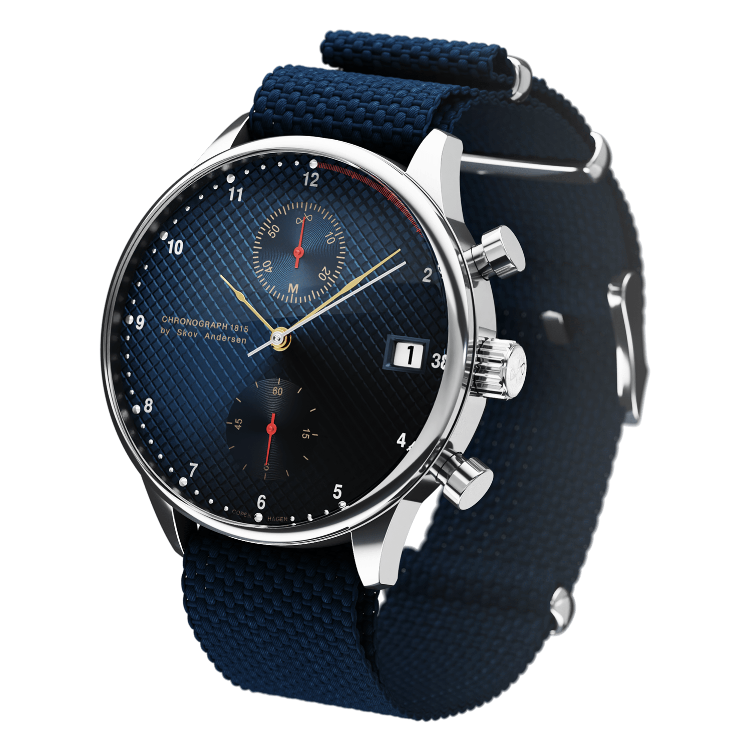 Chronographe 1815 Justin Gatlin par AV86 d'inspiration vintage, doté d'un verre saphir, d'un cadran bleu texturé et d'un bracelet en tissu