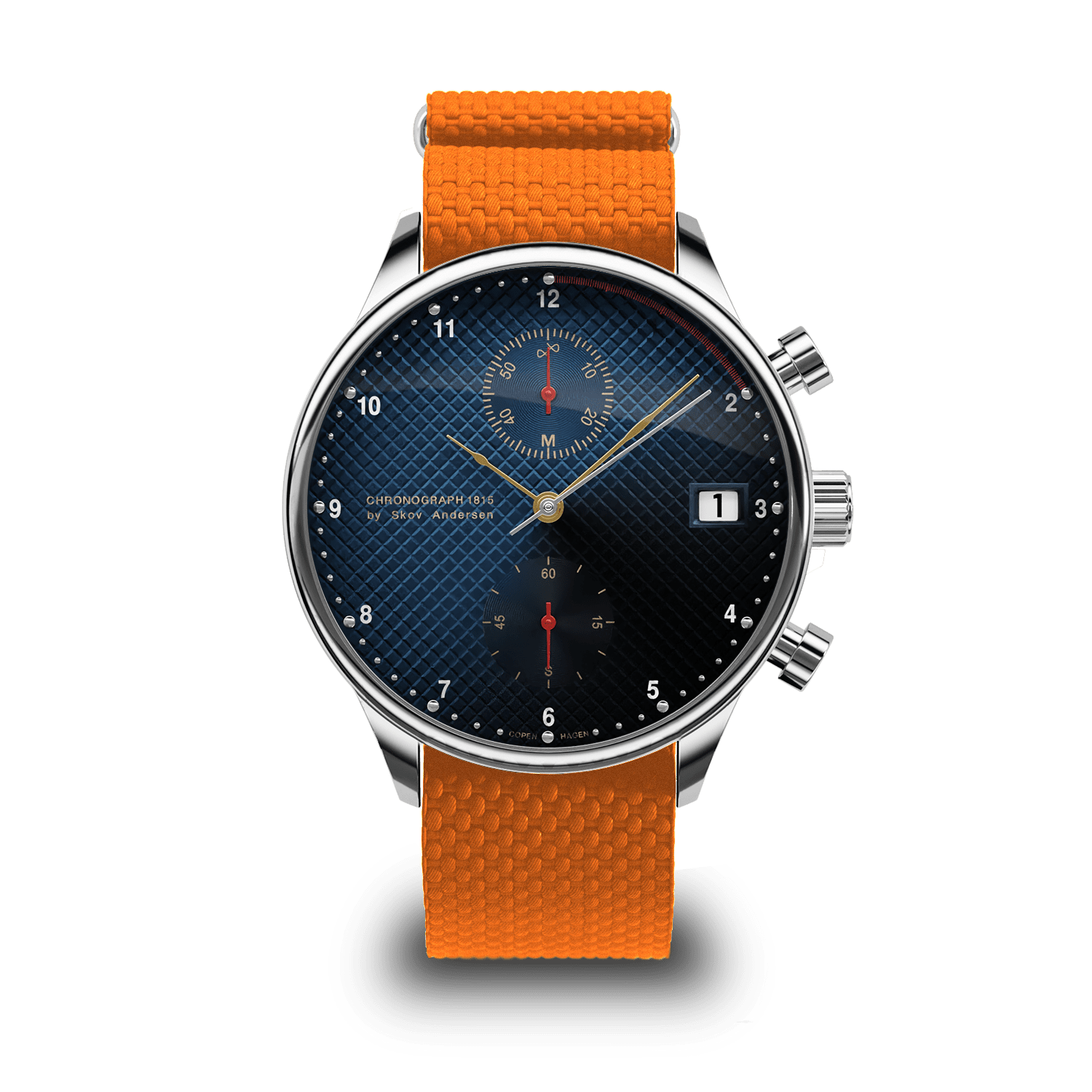 Chronographe Justin Gatlin 1815 par AV86, d'inspiration vintage, avec Verre saphir, cadran texturé, guichet de date et bracelet en caoutchouc orange