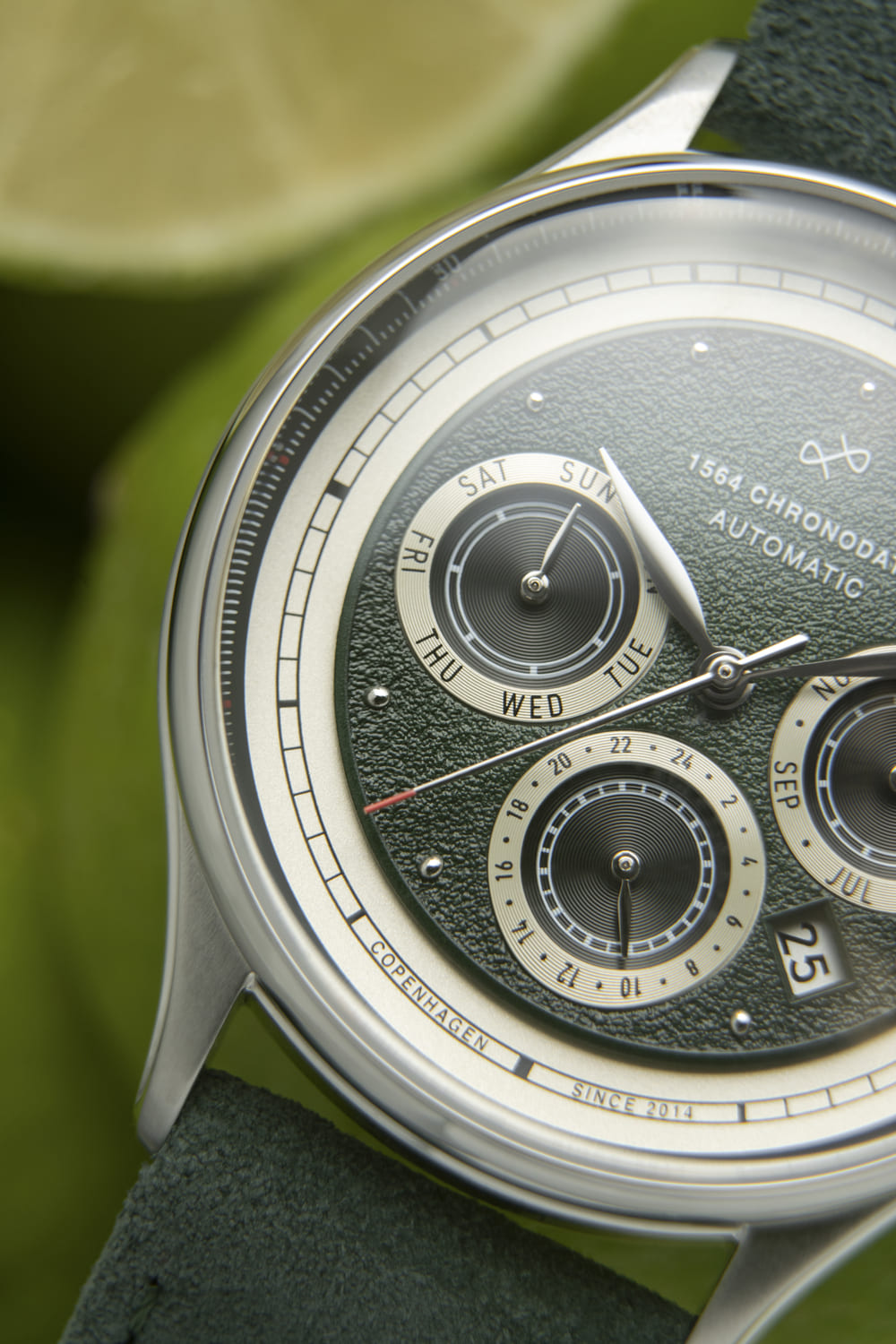 1564 Chronodate Automatic by AV86 vintage-inspired automatic with textured dial, sapphire crystal, multi-function subdials, and leather strap