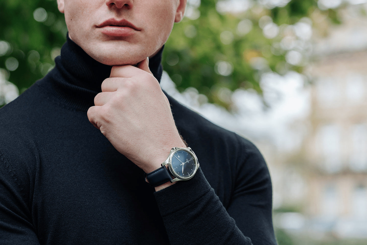 1971 Automatic, Night Blue - Swiss Made by AV86 with vintage-inspired dial, sapphire crystal, and black leather strap on wrist
