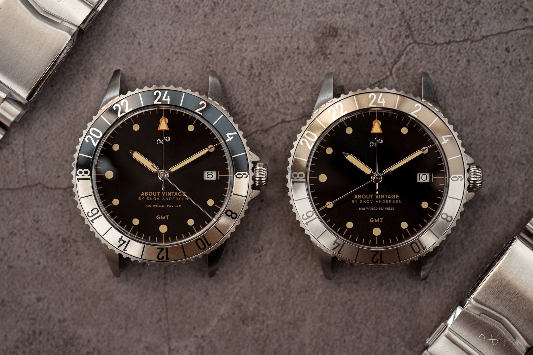 1982 GMT World Traveler by AV86 vintage-inspired GMT quartz watch with sapphire crystal and metal bracelet strap