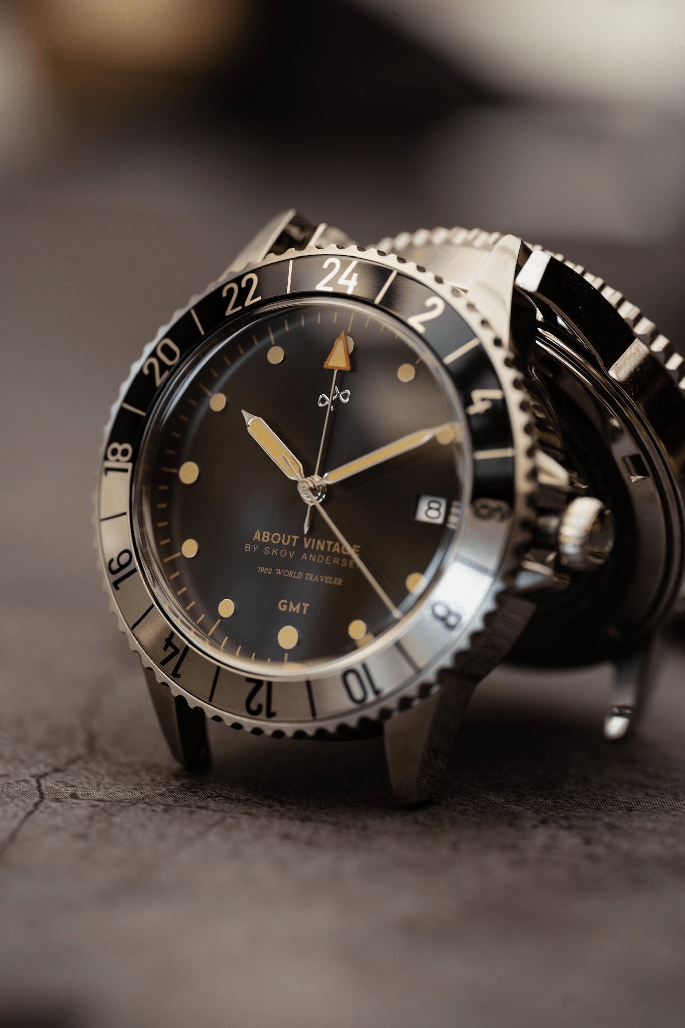 1982 GMT World Traveler by AV86 vintage-inspired GMT watch with sapphire crystal, rotating bezel, and stainless steel case