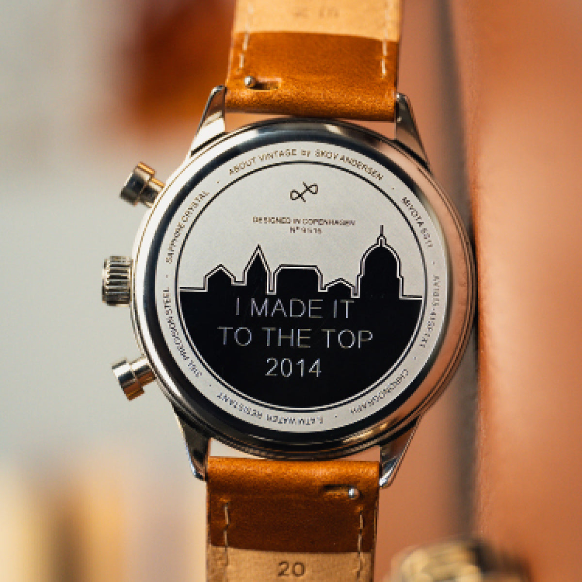 VB Kong Hans Eg, Limited Edition / Forudbestilling by AV86 chronograph case back engraved with Copenhagen skyline and anniversary message, leather strap