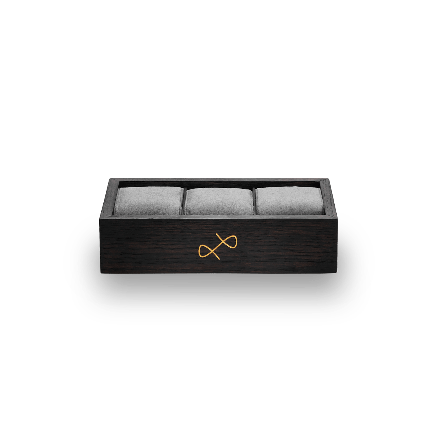 Collectors box - 3 pcs by AV86 in dark smoked oak with brass logo bow and six grey suede pillows for watch display and storage