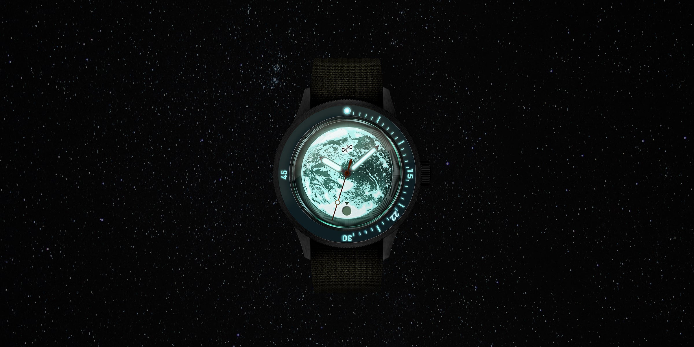 Diver watch with illuminated Earth dial, glowing markers, and black strap floating against a deep starry night sky.