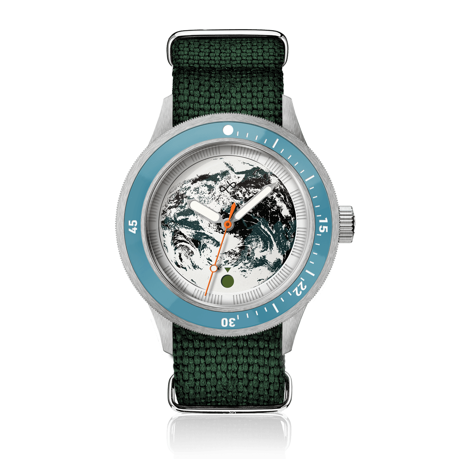 Earthrise WWF Partnership, Automatic / 2026 Edition by AV86 with green woven strap and Earth motif dial under blue bezel.
