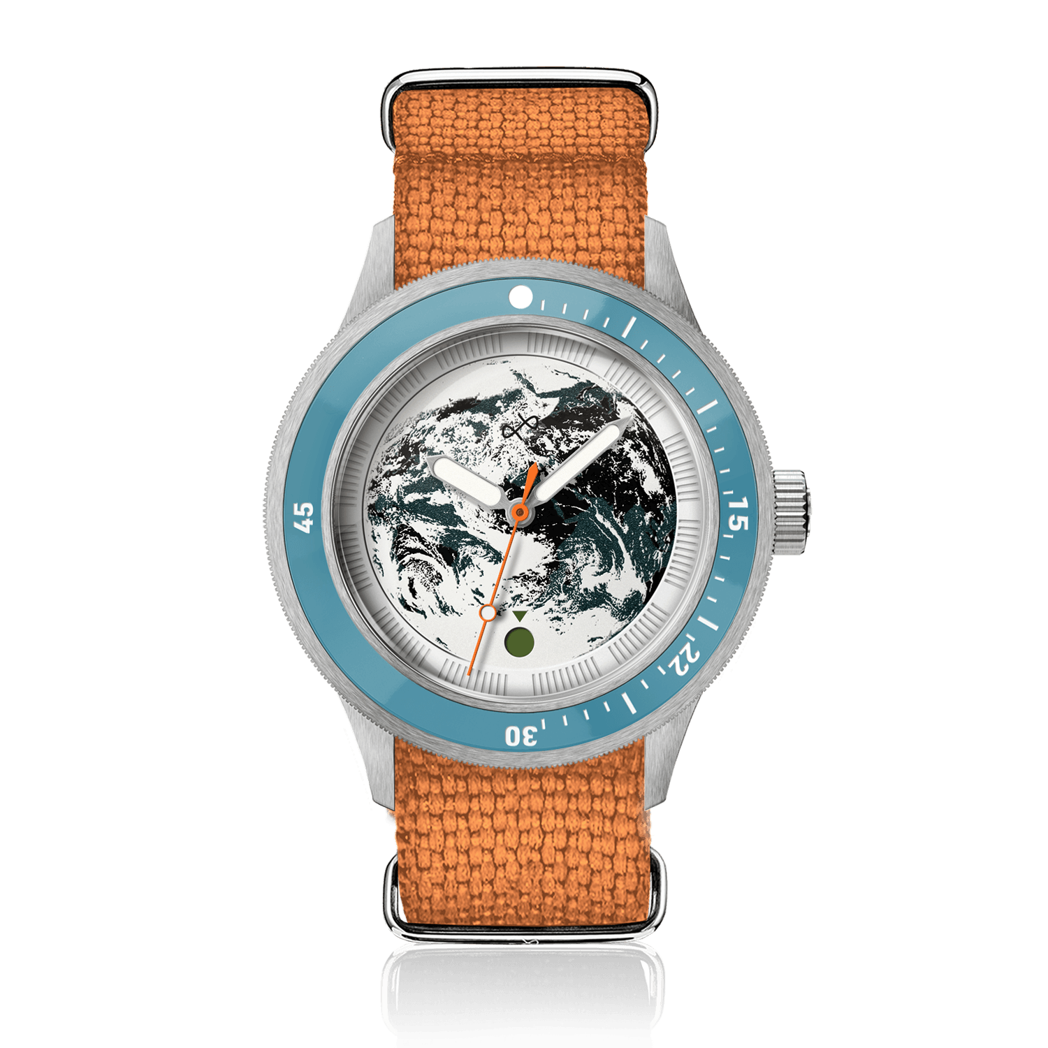 Earthrise WWF Partnership, Automatic / 2026 Edition by AV86 with Earth dial, blue bezel, and orange woven strap.