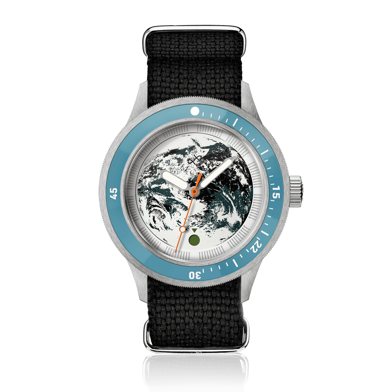 Earthrise WWF Partnership, Automatic / 2026 Edition by AV86 with Earth dial, blue bezel, and black woven strap.
