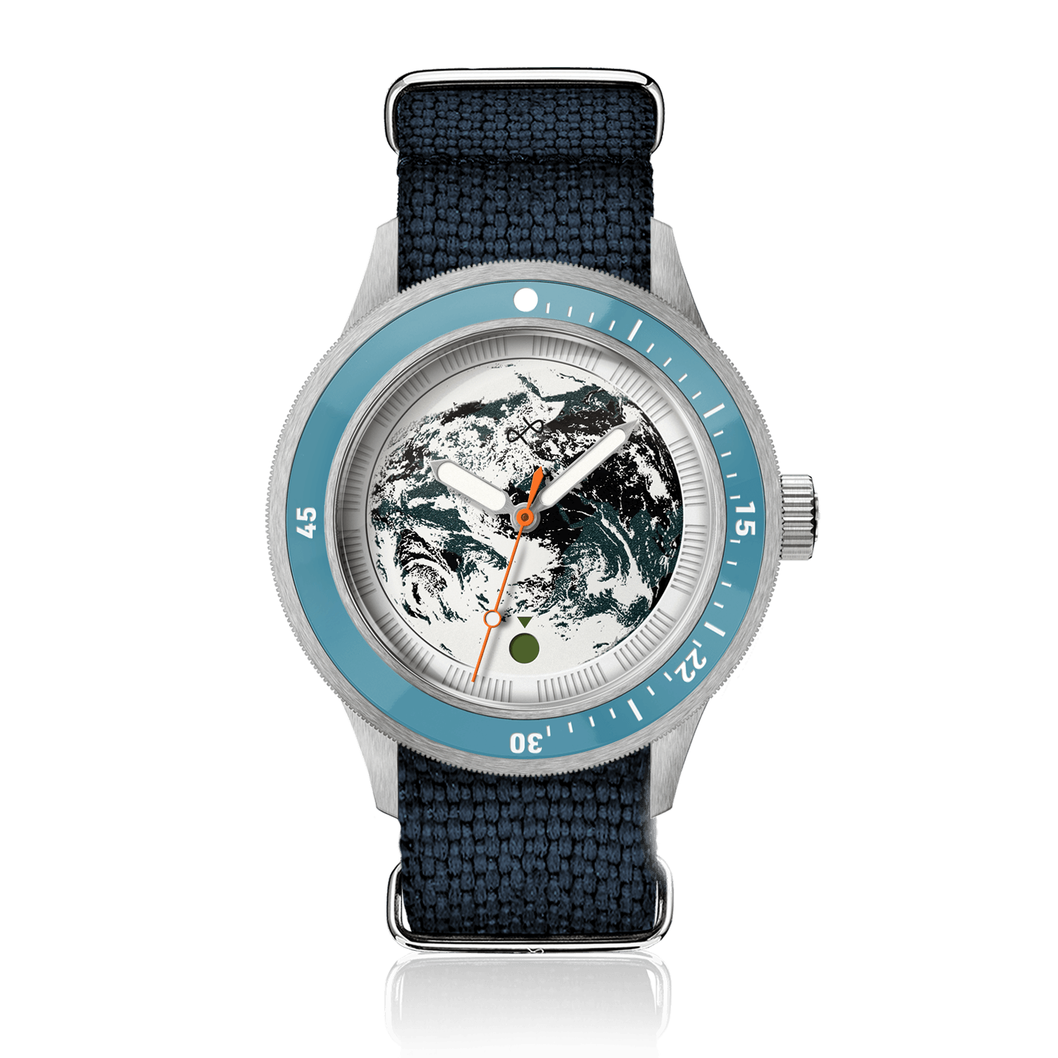 Earthrise WWF Partnership, Automatic / 2026 Edition by AV86 with blue bezel, Earth dial, and navy blue woven strap.