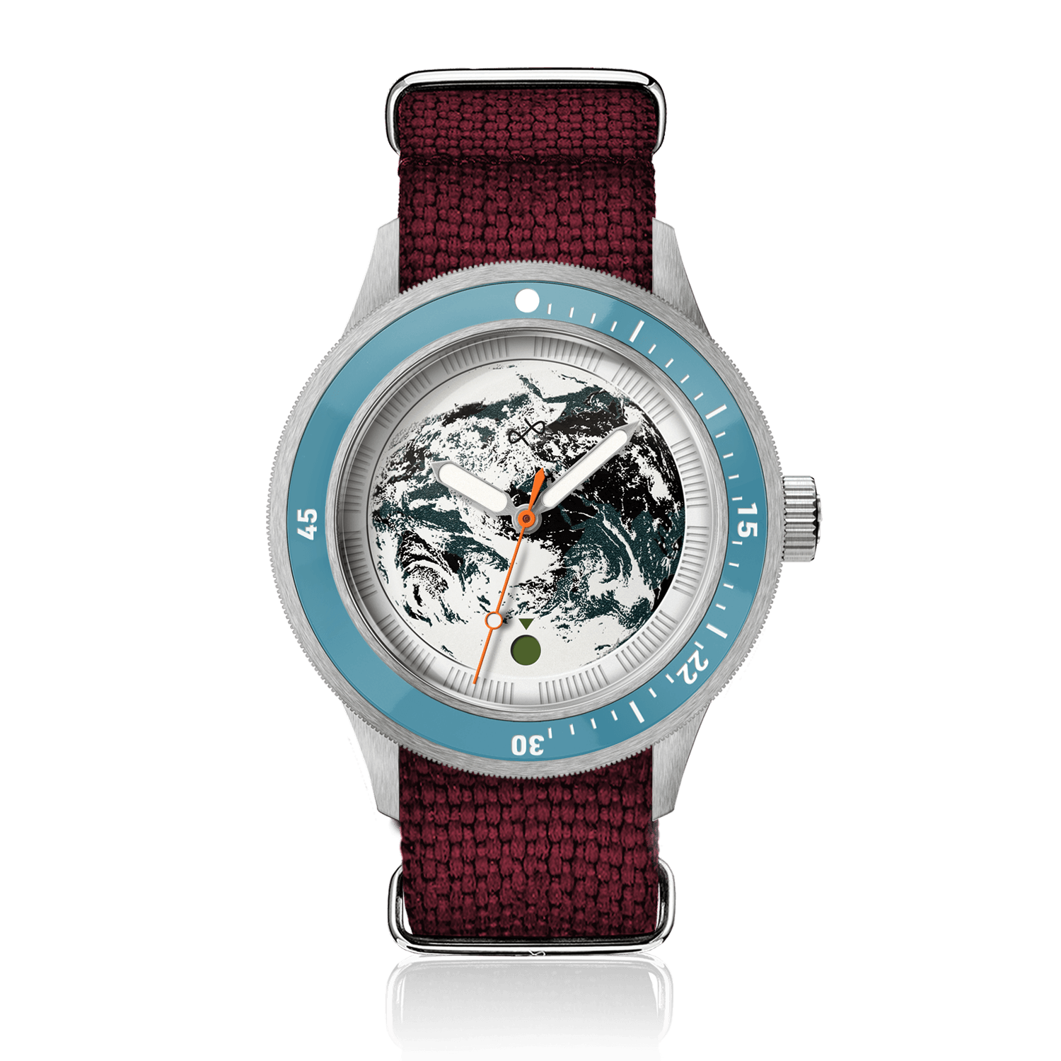 Earthrise WWF Partnership, Automatic / 2026 Edition by AV86 with blue bezel, Earth dial, and deep red fabric NATO strap.