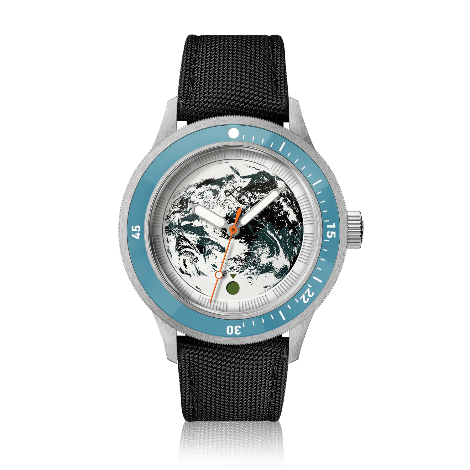Earthrise WWF Partnership, Automatic / 2026 Edition by AV86 with textured black Cordura strap, Earth dial, and blue bezel ring.