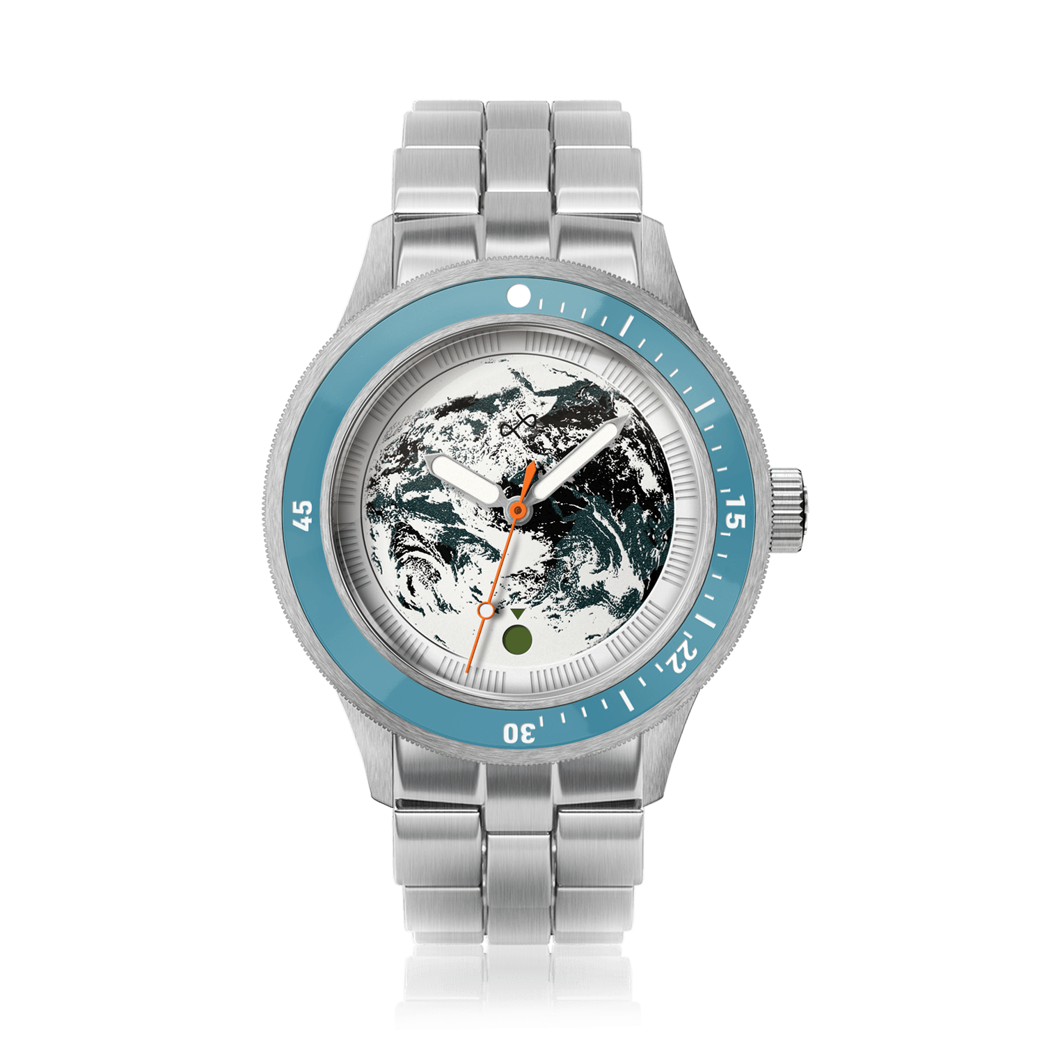 Earthrise WWF Partnership, Automatic / 2026 Edition by AV86 with marine blue bezel, Earth motif dial, and stainless steel bracelet.