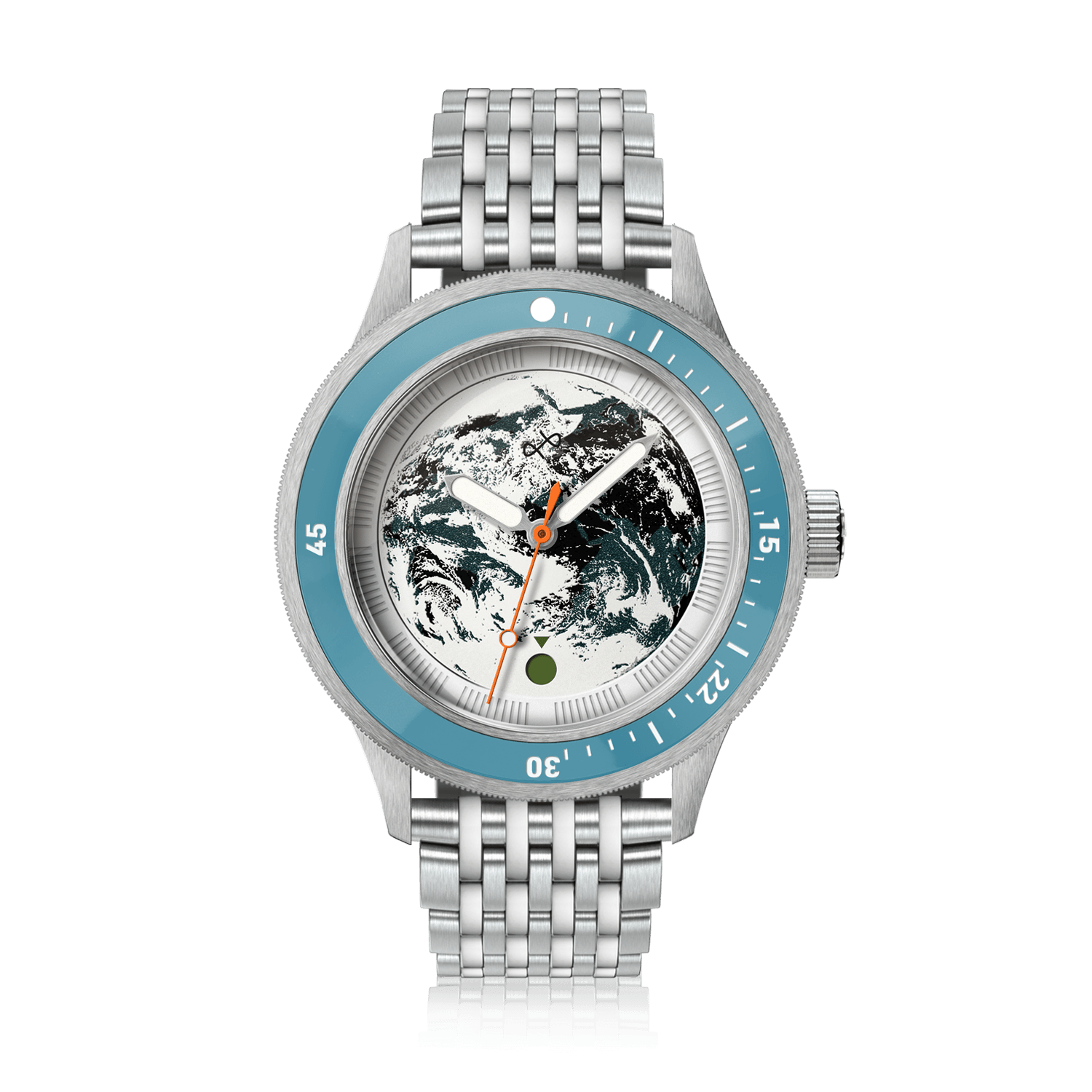 Earthrise WWF Partnership, Automatic / 2026 Edition by AV86 with stainless steel bracelet, light blue bezel, and Earth dial.
