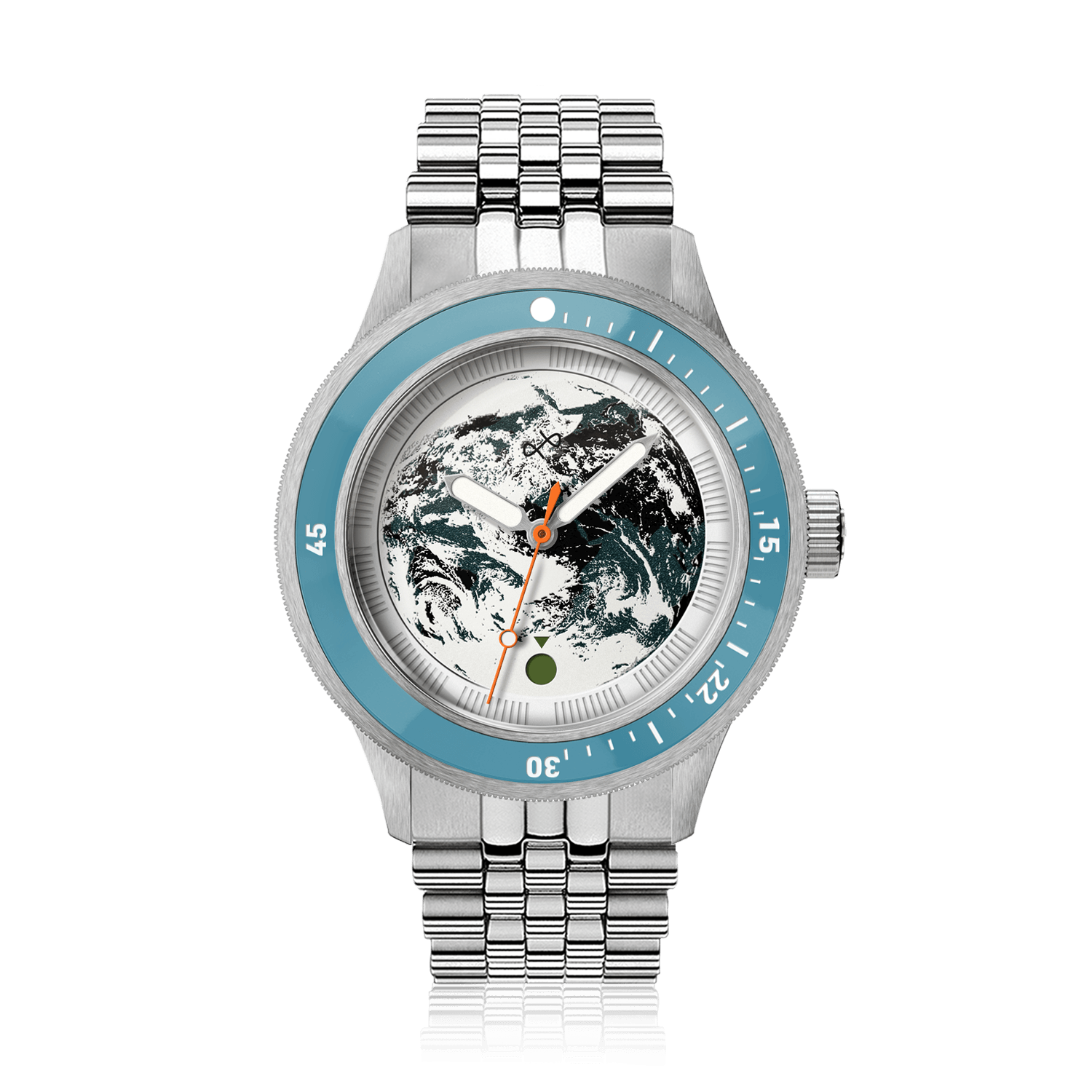 Earthrise WWF Partnership, Automatic / 2026 Edition by AV86 with marine blue bezel, Earth motif dial, and polished stainless steel bracelet.