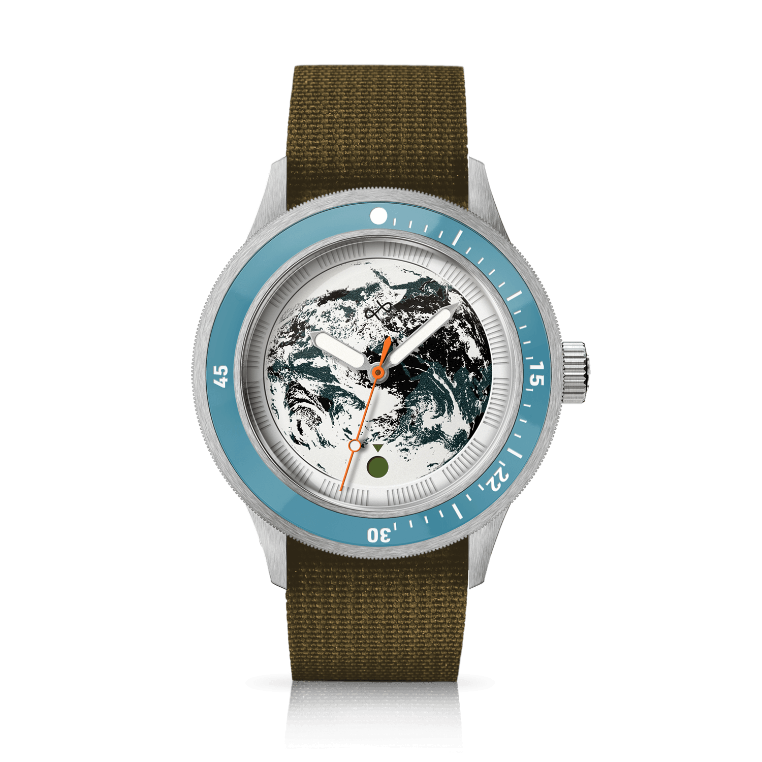 Earthrise WWF Partnership, Automatic / 2026 Edition by AV86 with sky blue bezel, Earth dial, and recycled olive green fabric strap.