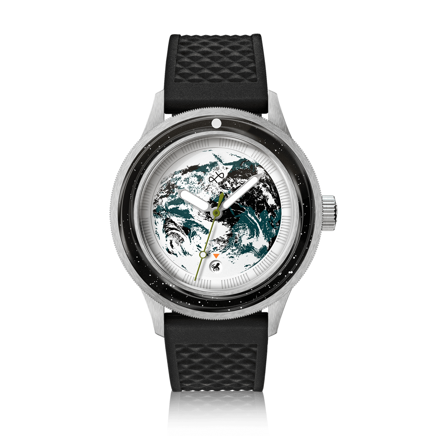 Earthrise WWF Partnership, Automatic / 2025 Edition by AV86 with sapphire crystal, vintage-inspired dial, rotating bezel, and textured rubber strap