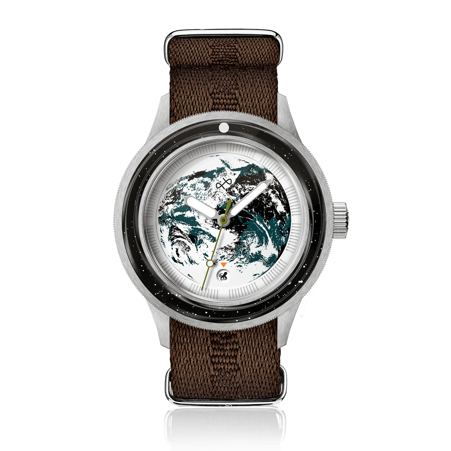 Earthrise WWF Partnership, Automatic / 2025 Edition by AV86 with automatic movement, sapphire crystal, vintage-inspired dial, and fabric strap