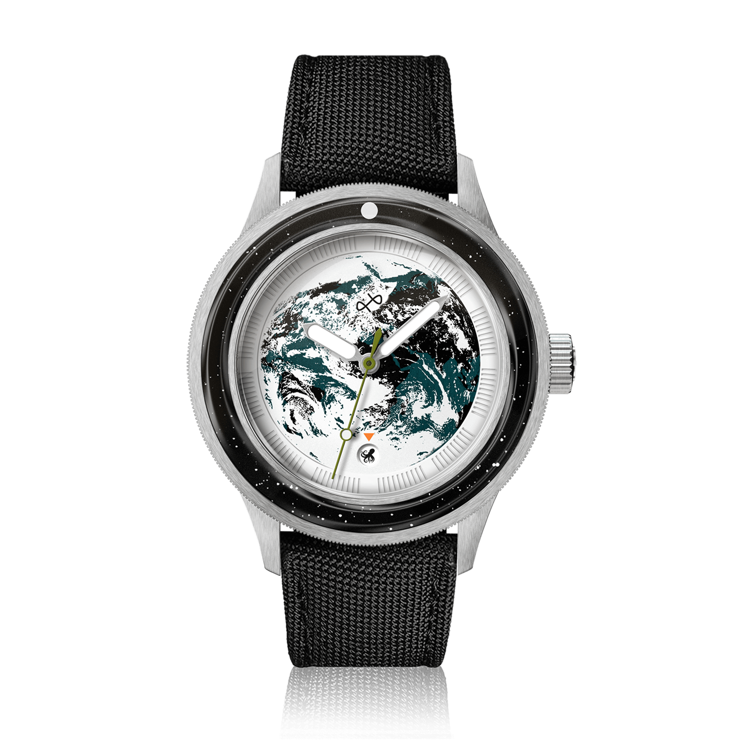 Earthrise WWF Partnership, Automatic / 2025 Edition by AV86 with sapphire crystal, automatic movement, and black fabric strap